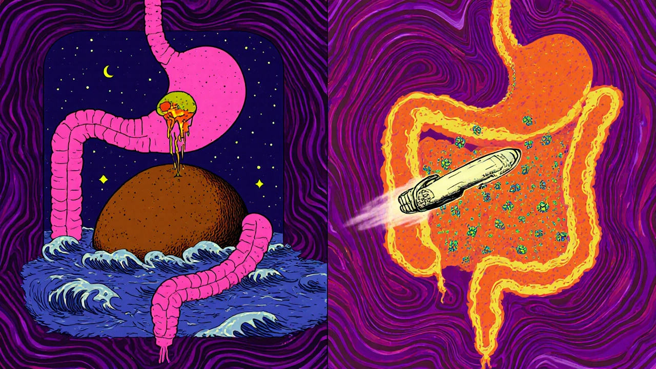 A glowing digestive tract with food stuck in the stomach and bacteria swarming in the intestines.