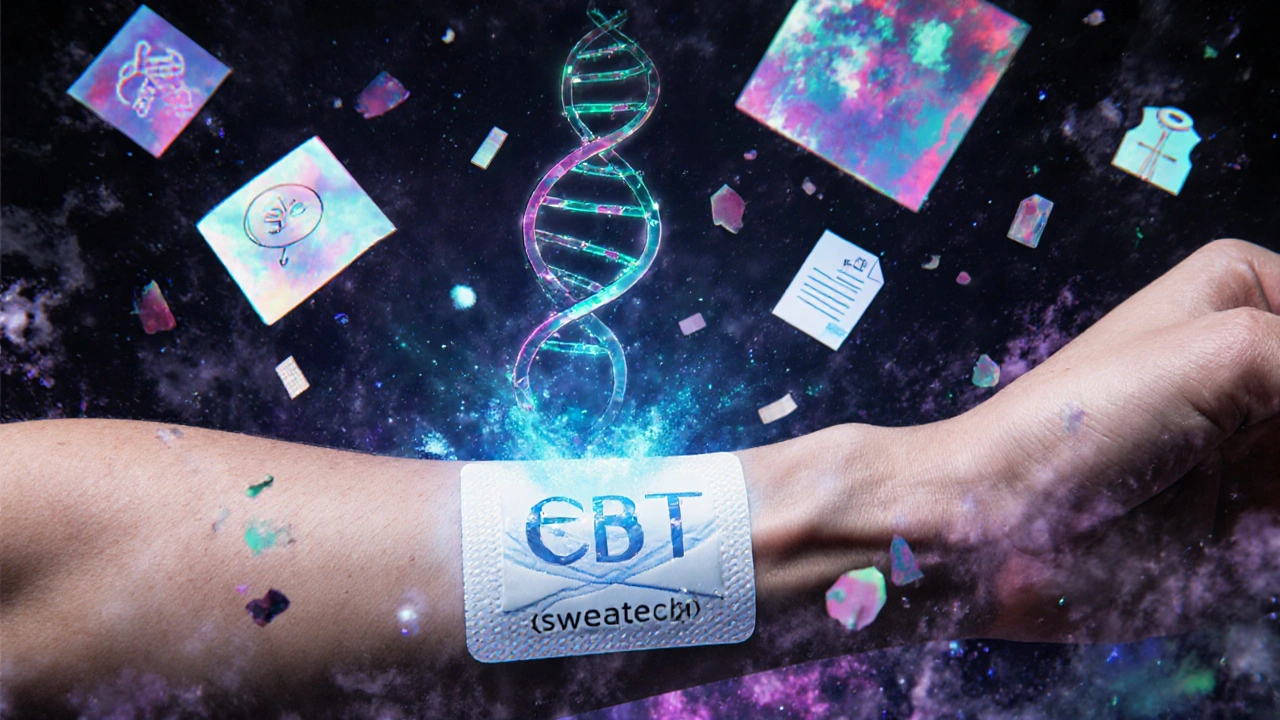 A high-tech sweat patch on an arm with glowing genes and cooling symbols swirling in psychedelic art style.