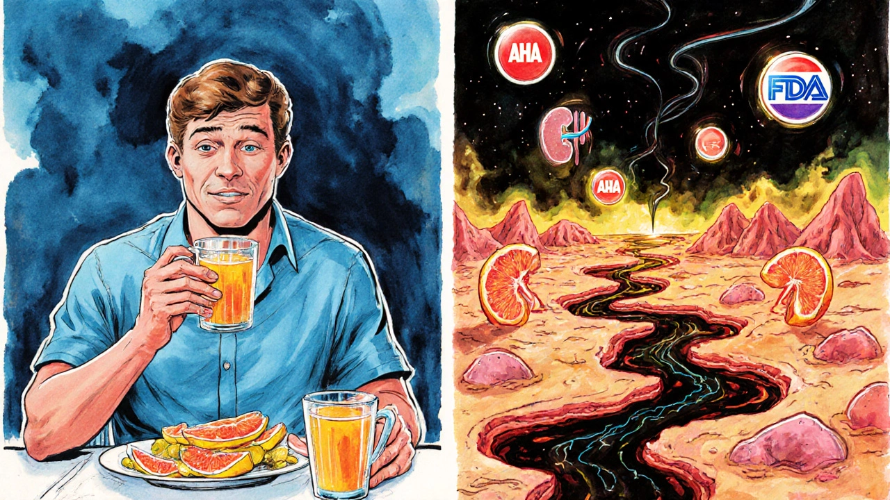 A man at breakfast: one side drinks grapefruit juice with simvastatin, the other shows his muscles breaking down with dark urine flowing to failing kidneys.