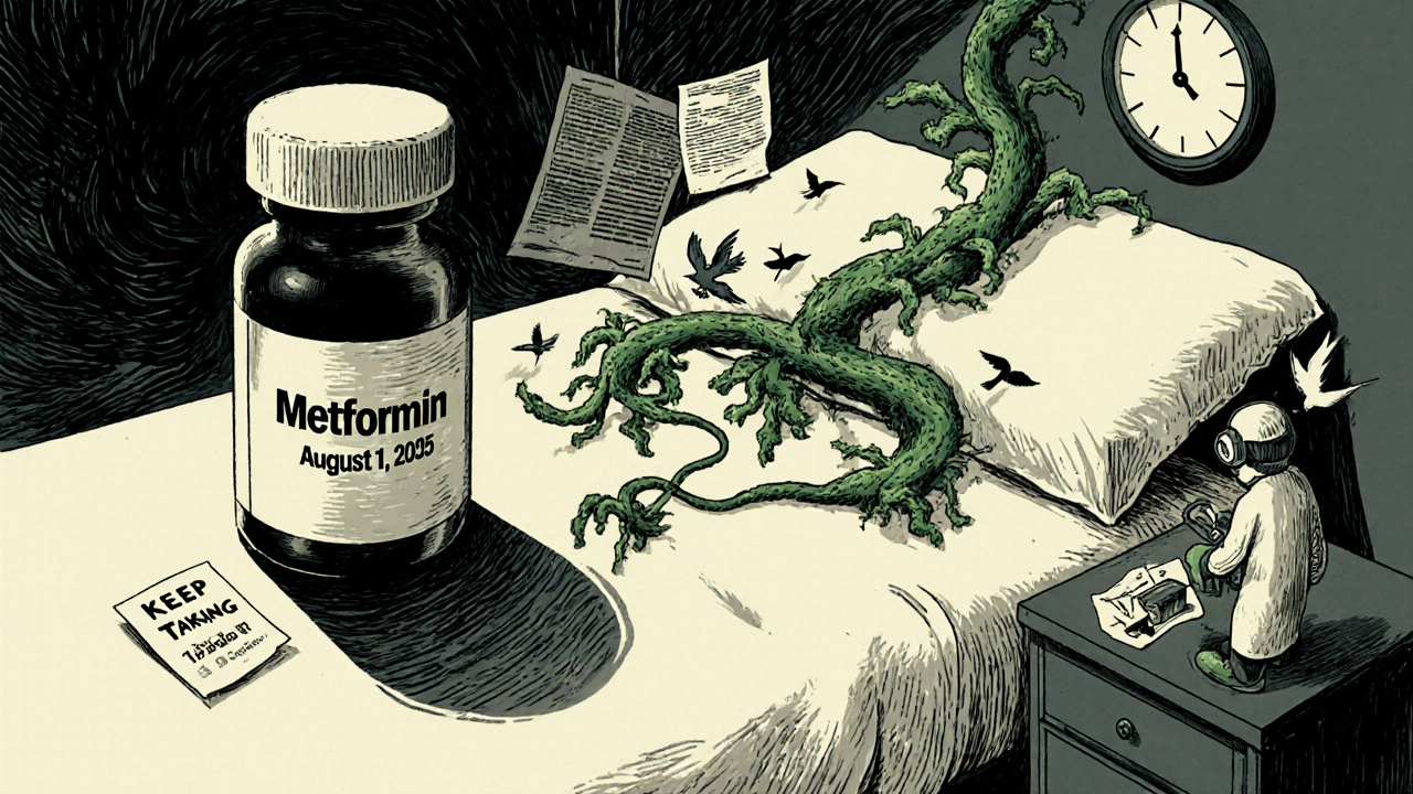 A medicine bottle’s shadow forms a cancer vine as FDA documents flutter, with a technician repairing packaging in the corner.