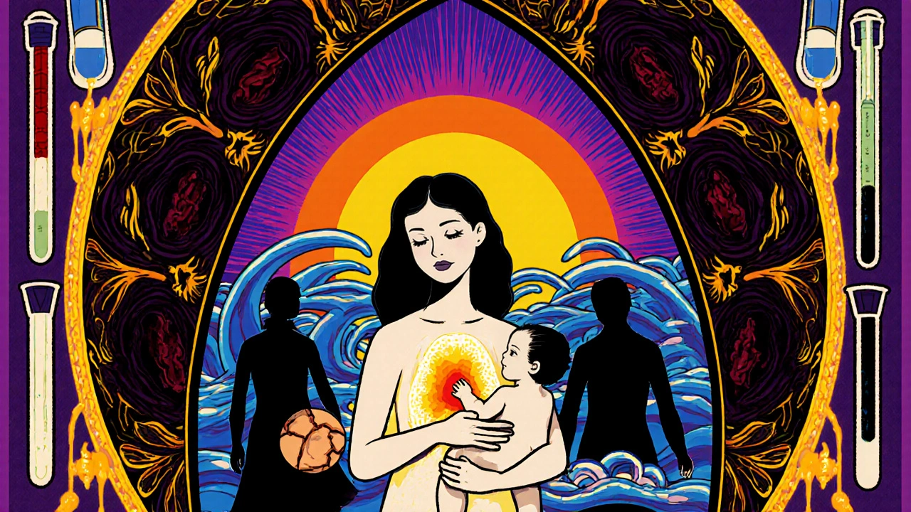 A mother holding her baby, her chest revealing a glowing thyroid as shadowy complications fade into light, framed by medical and spiritual patterns.