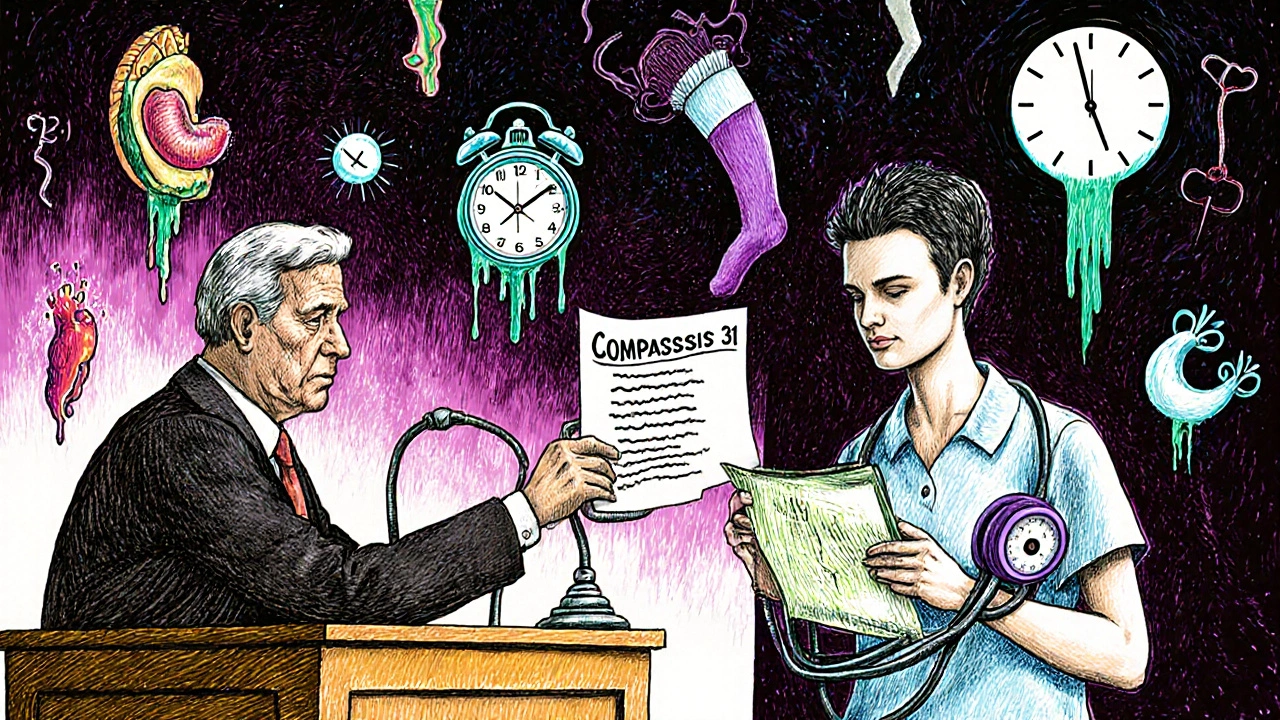 A patient presenting autonomic symptoms to a judge made of medical tools in surreal cartoon style.