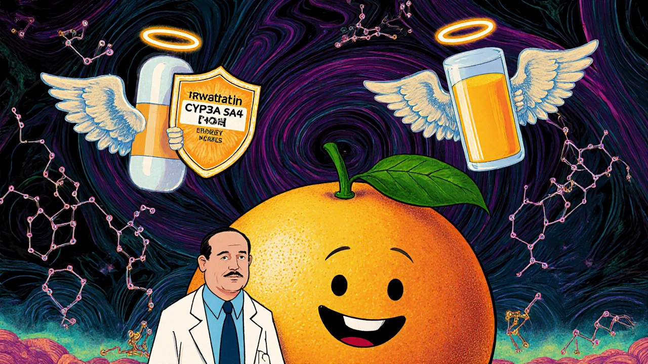 A patient stands beside a friendly grapefruit in a lab coat, while safer statins float as angels with shields, orange juice glows as a safe alternative.
