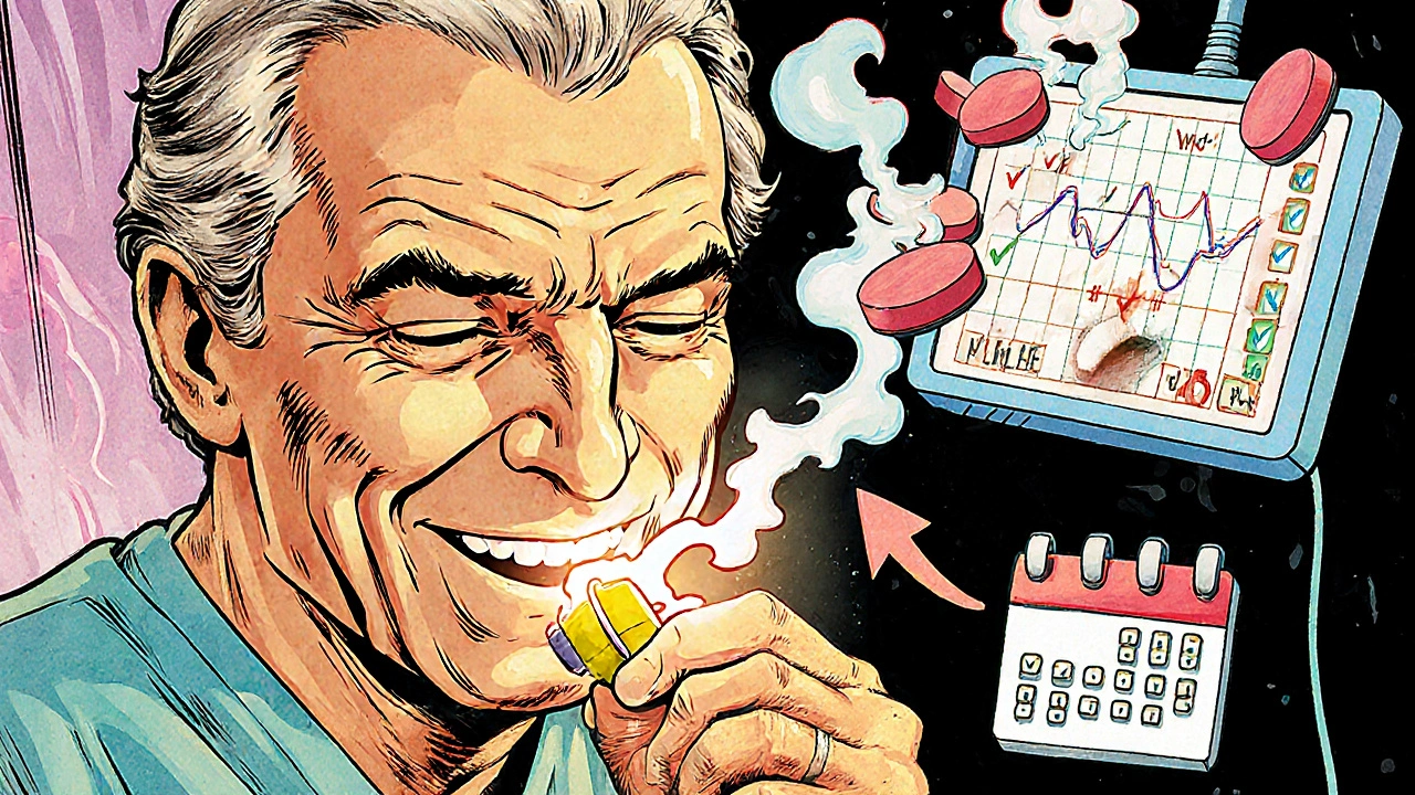 A patient swallowing one pill while four separate pills vanish into smoke, with a steady heart monitor and calendar checkmarks.