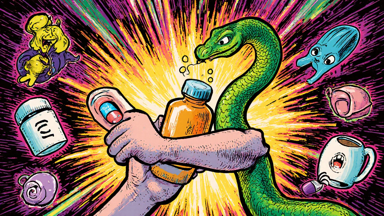 A person drinking apple juice as a friendly serpent guides their thyroid pill, while interfering supplements recoil in fear.