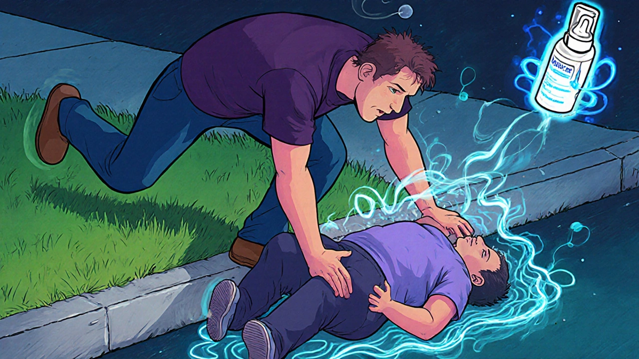 A person rolls an unconscious individual into the recovery position with a naloxone spray nearby.