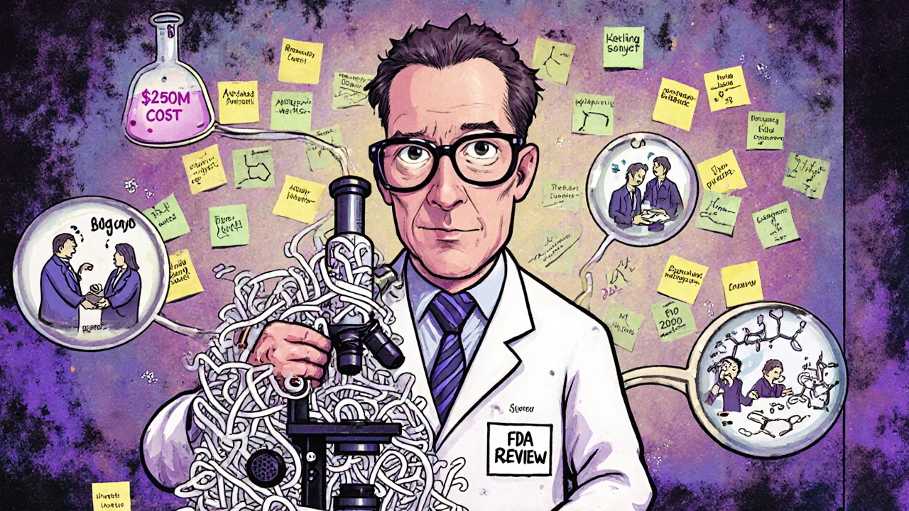 A scientist in a patent-paper lab coat uses a microscope to see lawyers arguing over proteins, surrounded by costly beakers.