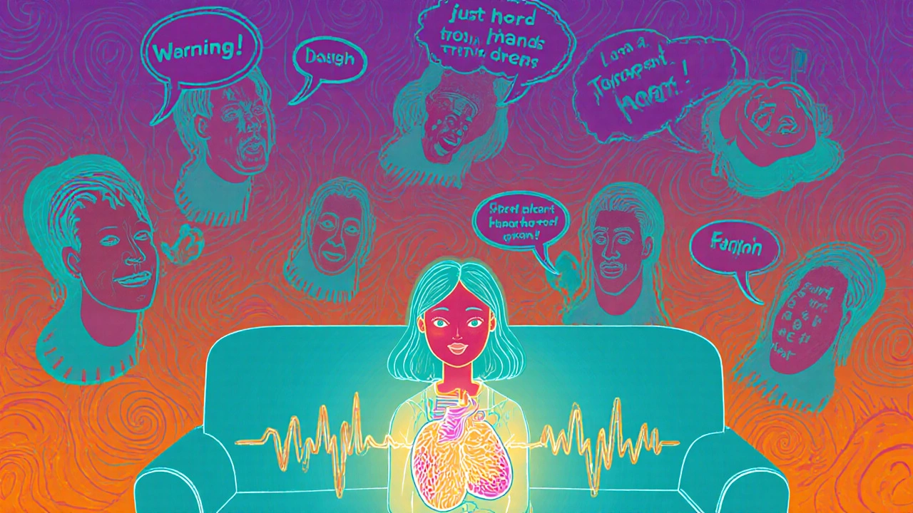 A tired mother surrounded by dismissive doctor faces, while her thyroid glows with warning signs of hormonal imbalance beneath her.