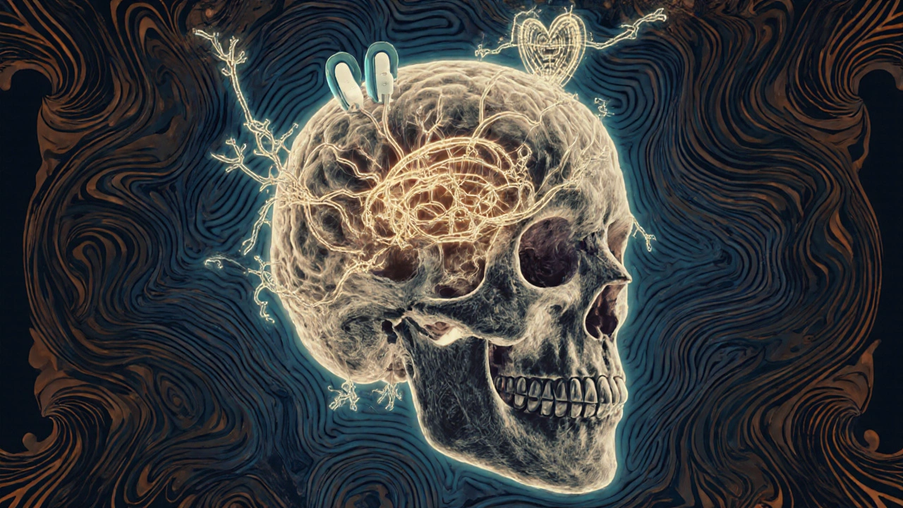 Aging brain with crumbling hair cells, hearing aids weaving golden sound pathways in psychedelic art style.