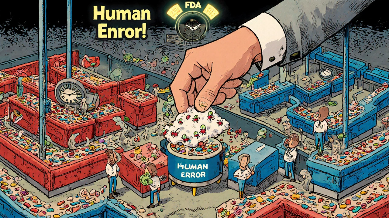 Chaos on a drug production line as human error releases microbes, with color-coded equipment and a 2025 deadline clock.