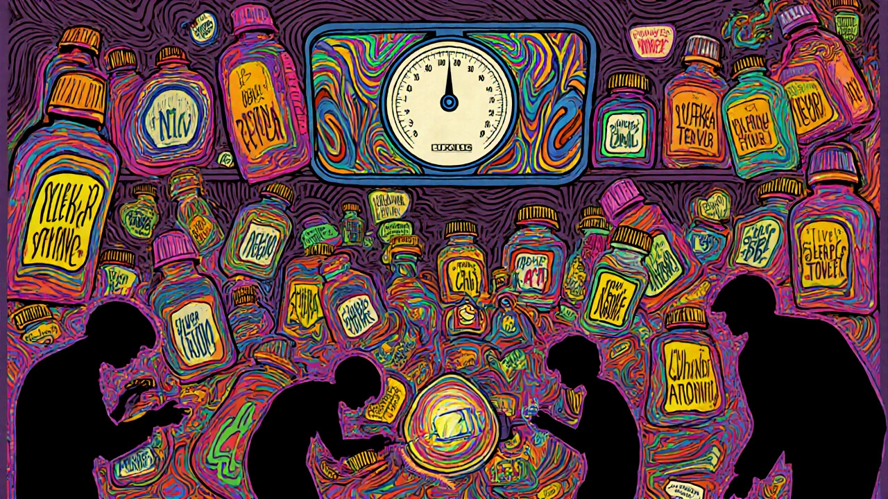 Chaotic medicine cabinet with colorful bottles, child&#039;s scale showing correct dose, parents misusing spoons.