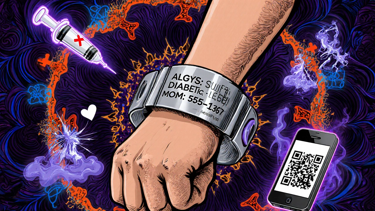 Close-up of a medical bracelet engraved with allergies and emergency contact, surrounded by symbolic icons.