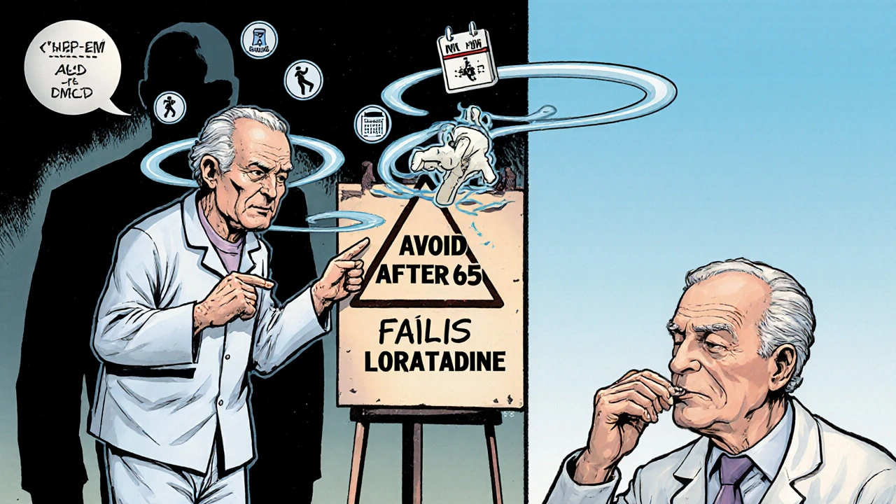 Elderly man taking Benadryl with drowsiness effects contrasted with a alert senior taking a non-sedating allergy pill.