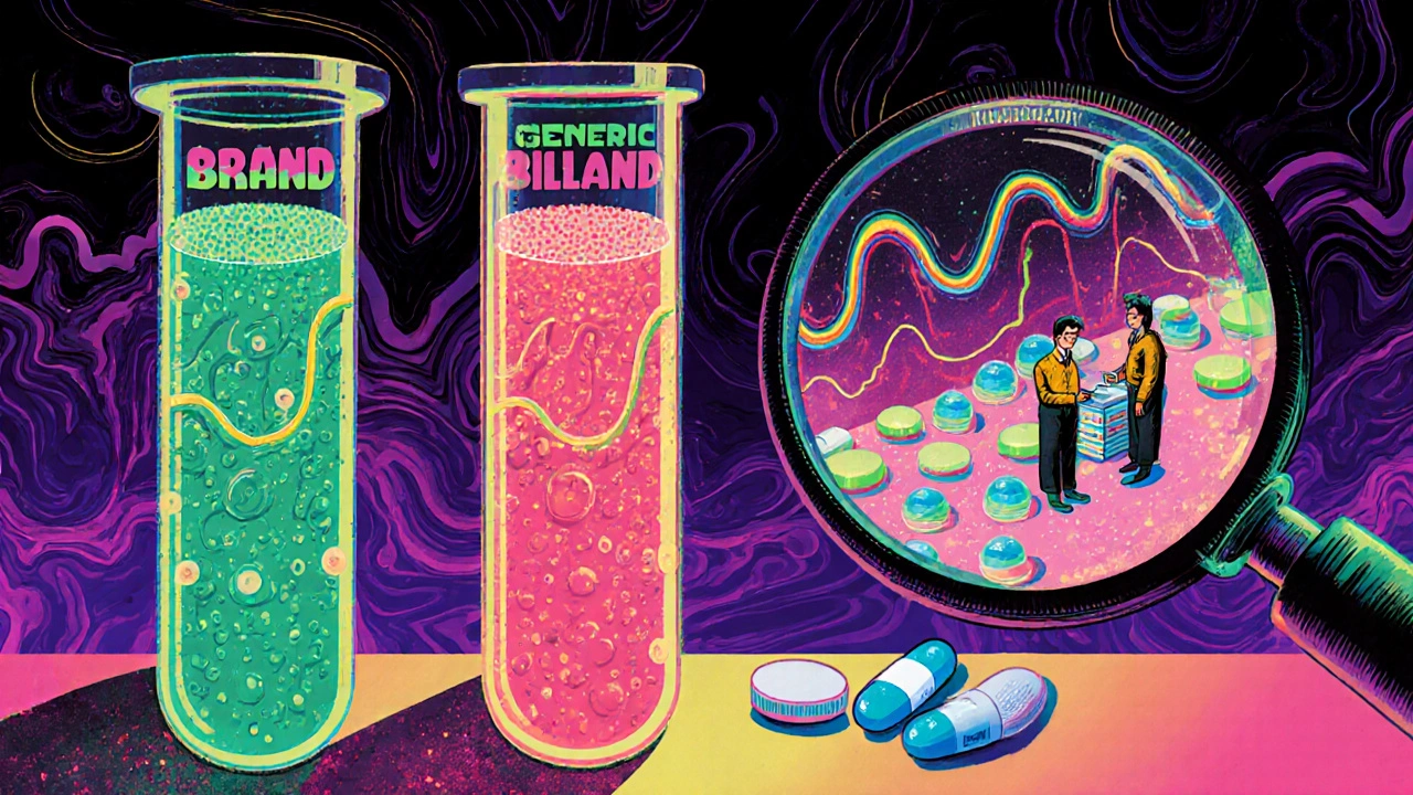 Laboratory with test tubes showing identical drug absorption in brand and generic forms, monitored by cartoon FDA inspectors.