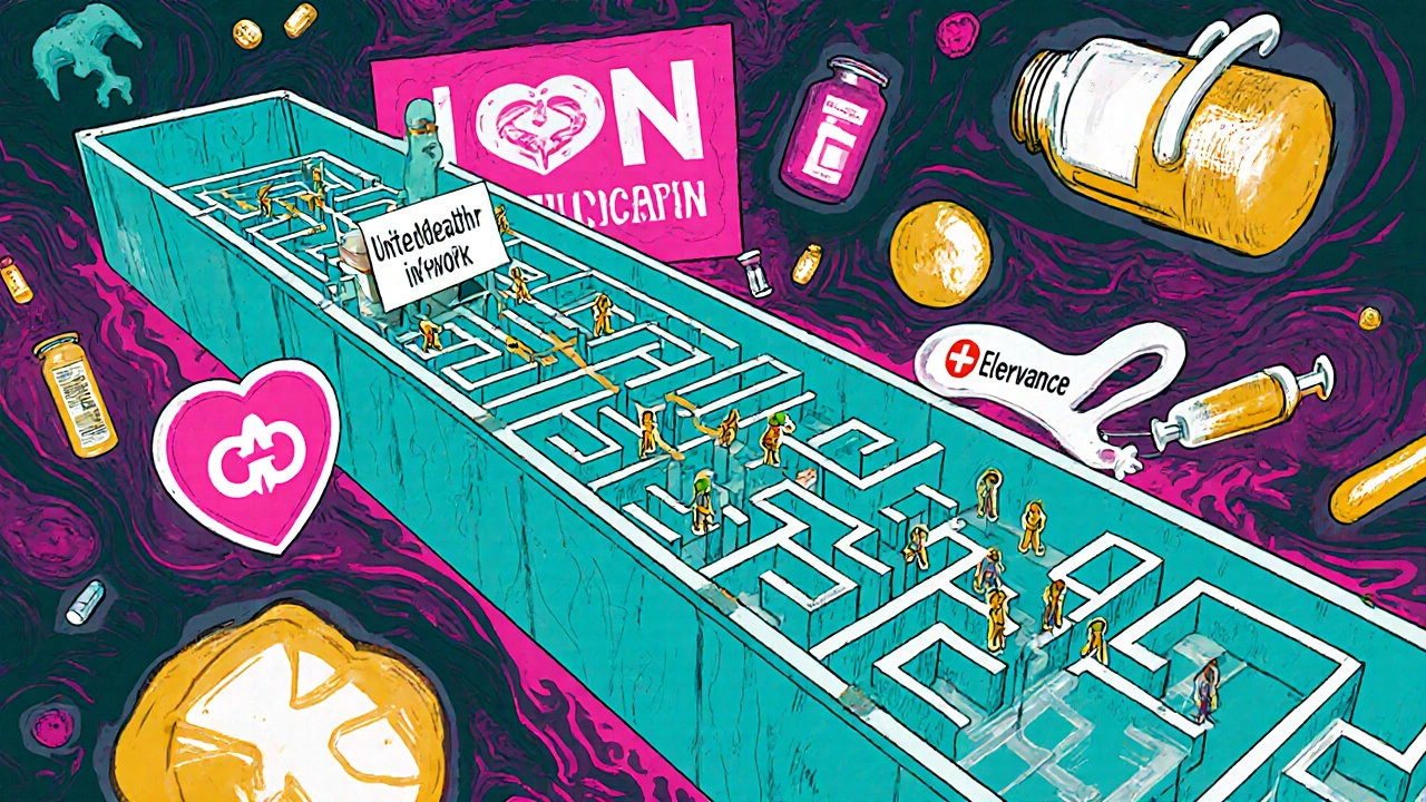 Labyrinth medical network with patients struggling to reach a doctor, surrounded by corporate logos and medicine icons