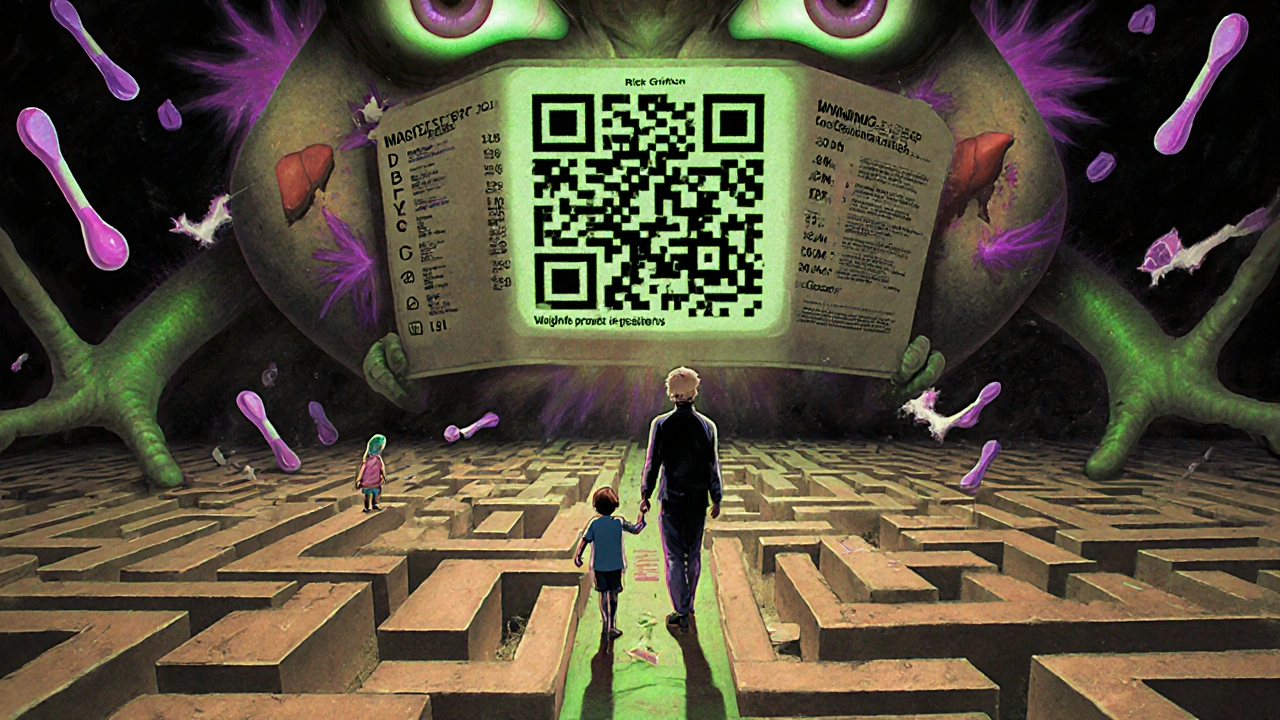 Parent and child on dosing labyrinth, giant acetaminophen monster looms, QR code pulses with instructions.