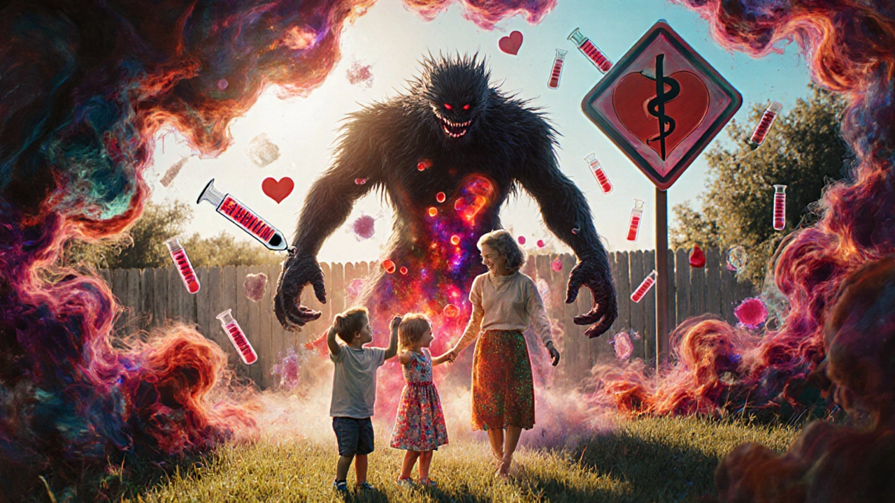 Patient playing with grandchildren as red blood cells rise, while a shadowy monster represents dangerous high hemoglobin.