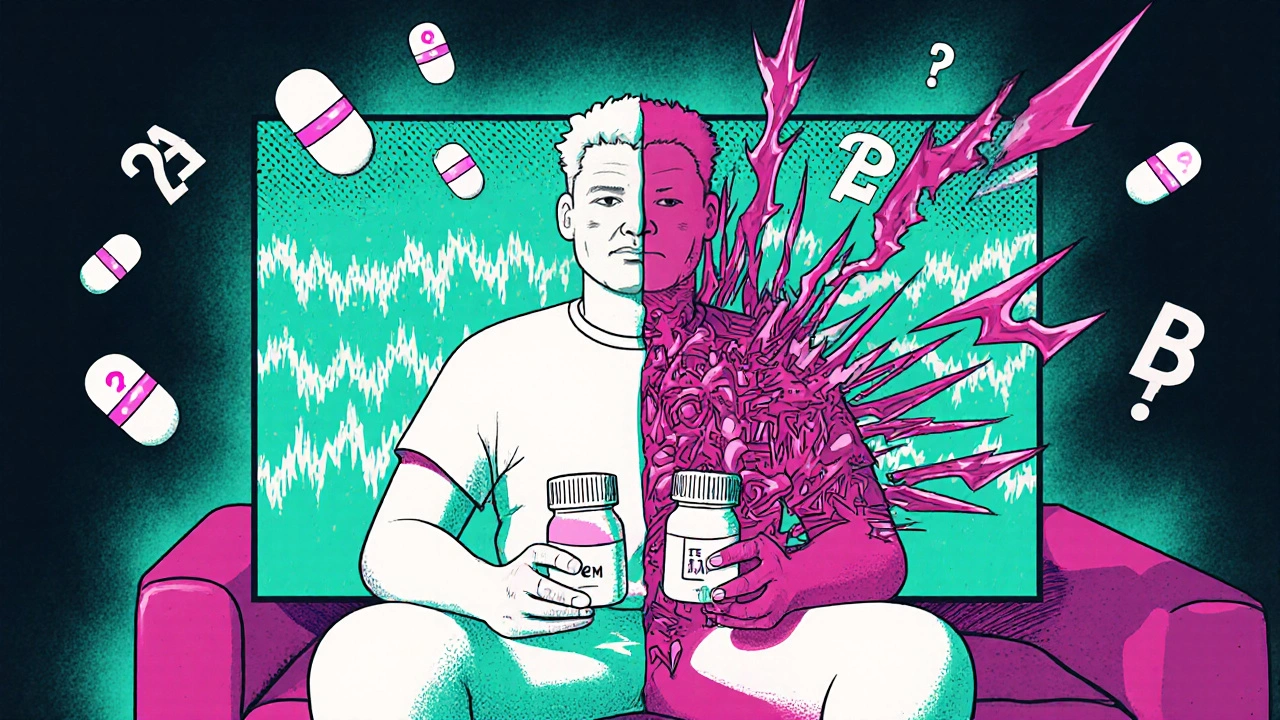 Patient split into calm and chaotic sides, surrounded by floating TE codes like mystical symbols.