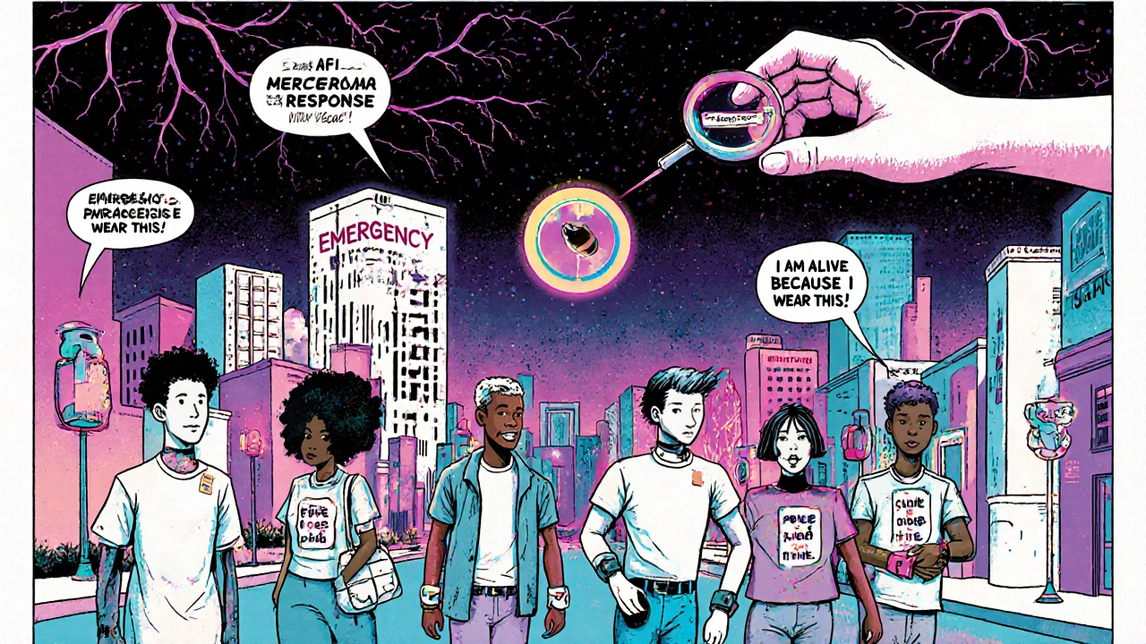 People walking through a surreal city with medical-themed buildings, all wearing visible alert bracelets.