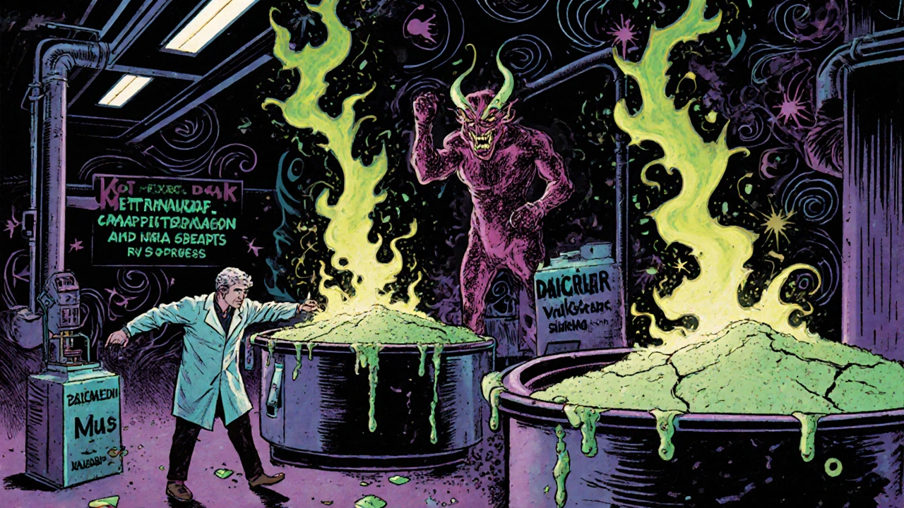 Scientists battling glowing nitrosamine impurities in a drug factory under flickering lights with cosmic patterns.