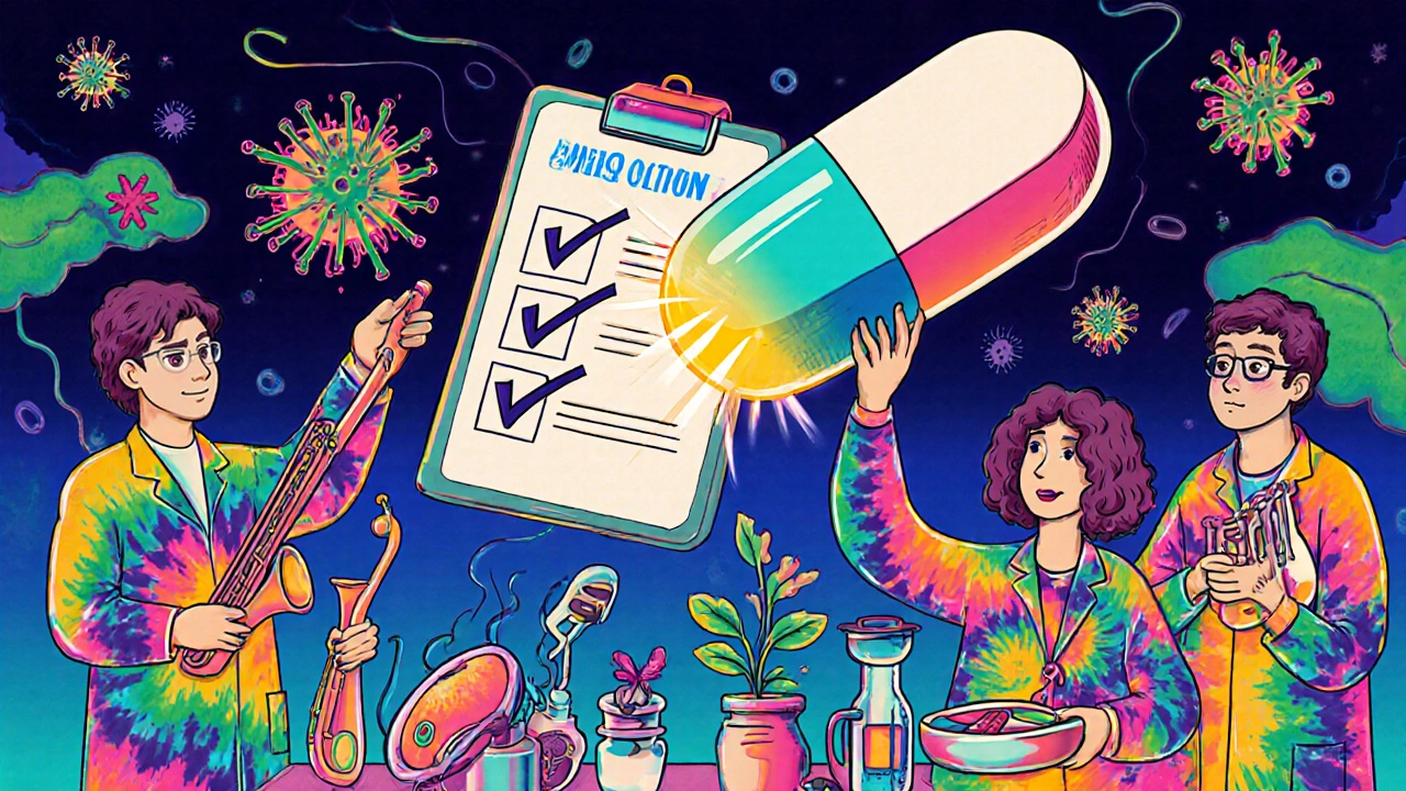 Scientists in tie-dye lab coats assembling a combination pill with whimsical tools, while bacteria and viruses are defeated by its energy.