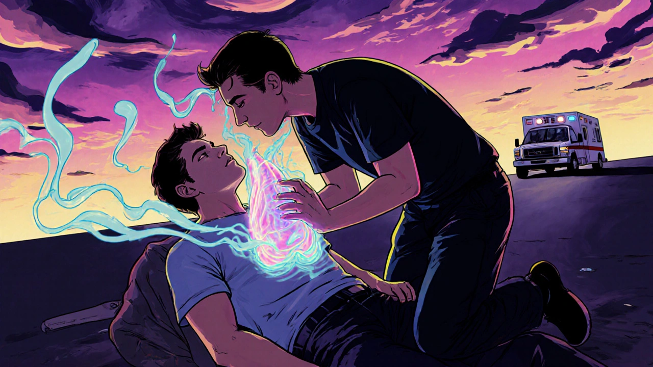 Someone performs rescue breathing on an unconscious person with stylized airwaves surrounding them.