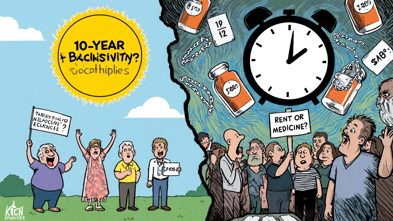 Split scene: Europeans happily use affordable biosimilars; Americans struggle with soaring drug prices in a grim clinic.