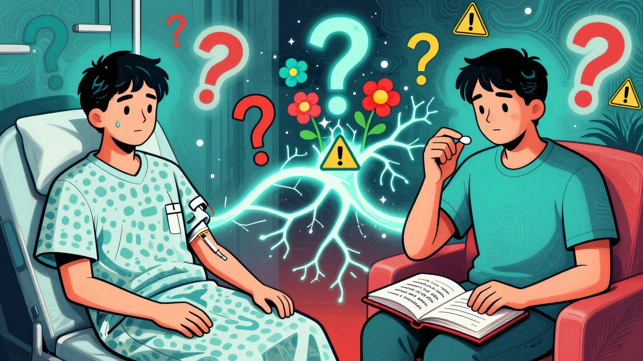 Split scene of daily Revia pill versus monthly Vivitrol injection, connected by a glowing neural pathway.