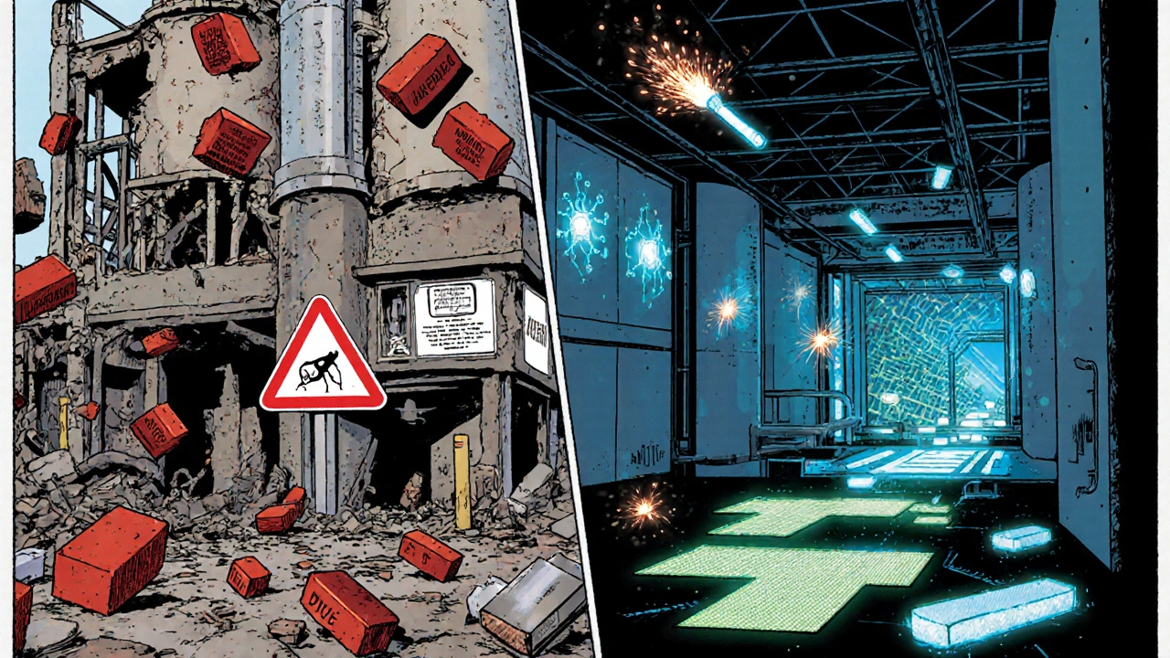 Split scene: one side shows factory collapse, the other a high-tech facility with AI sensors and glowing contamination controls.
