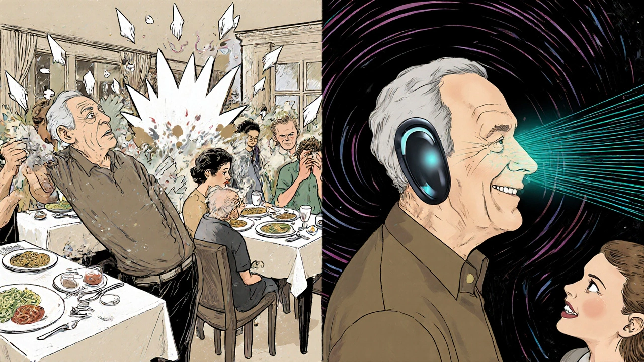 Split scene: overwhelmed listener vs. same person with hearing aids isolating a child&#039;s voice in a noisy restaurant.