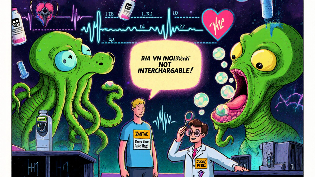 Surreal depiction of H1 and H2 blockers as alien creatures, with a pharmacist warning against mixing them.