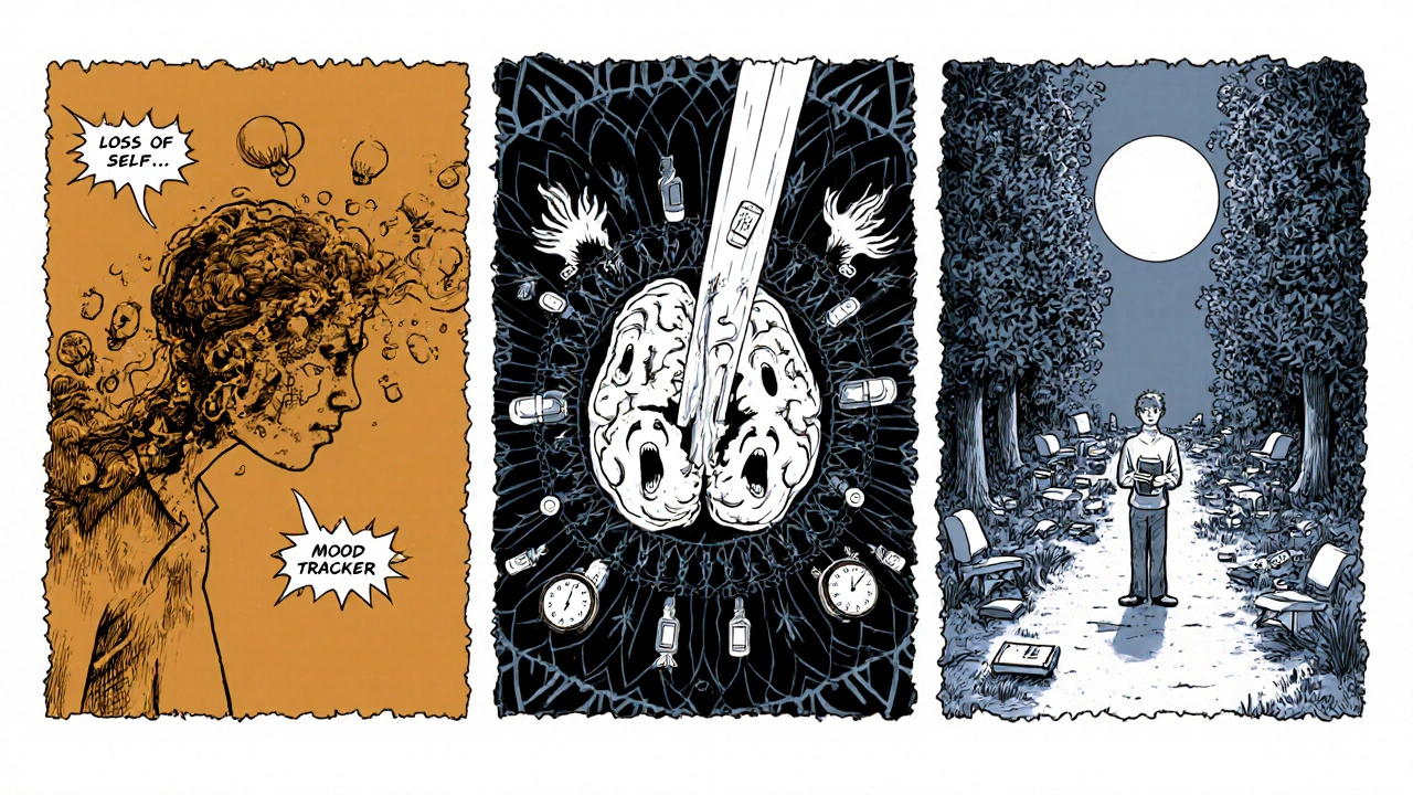Three-panel illustration showing psychological phases of medication switch: dissolving self, chaotic brain, and fragile stability.