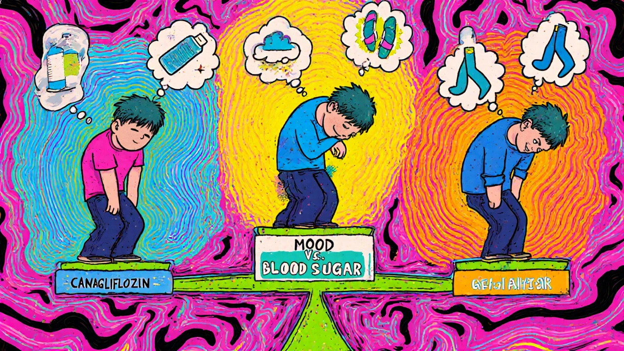 Three versions of a person representing different diabetes meds, standing on a mood and blood sugar scale.