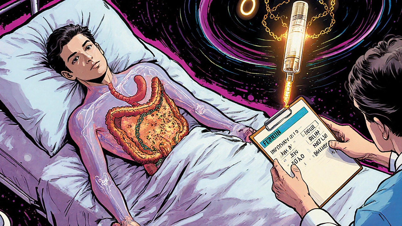 Transparent patient showing oral iron blocked by inflammation versus IV iron flowing directly into bloodstream.