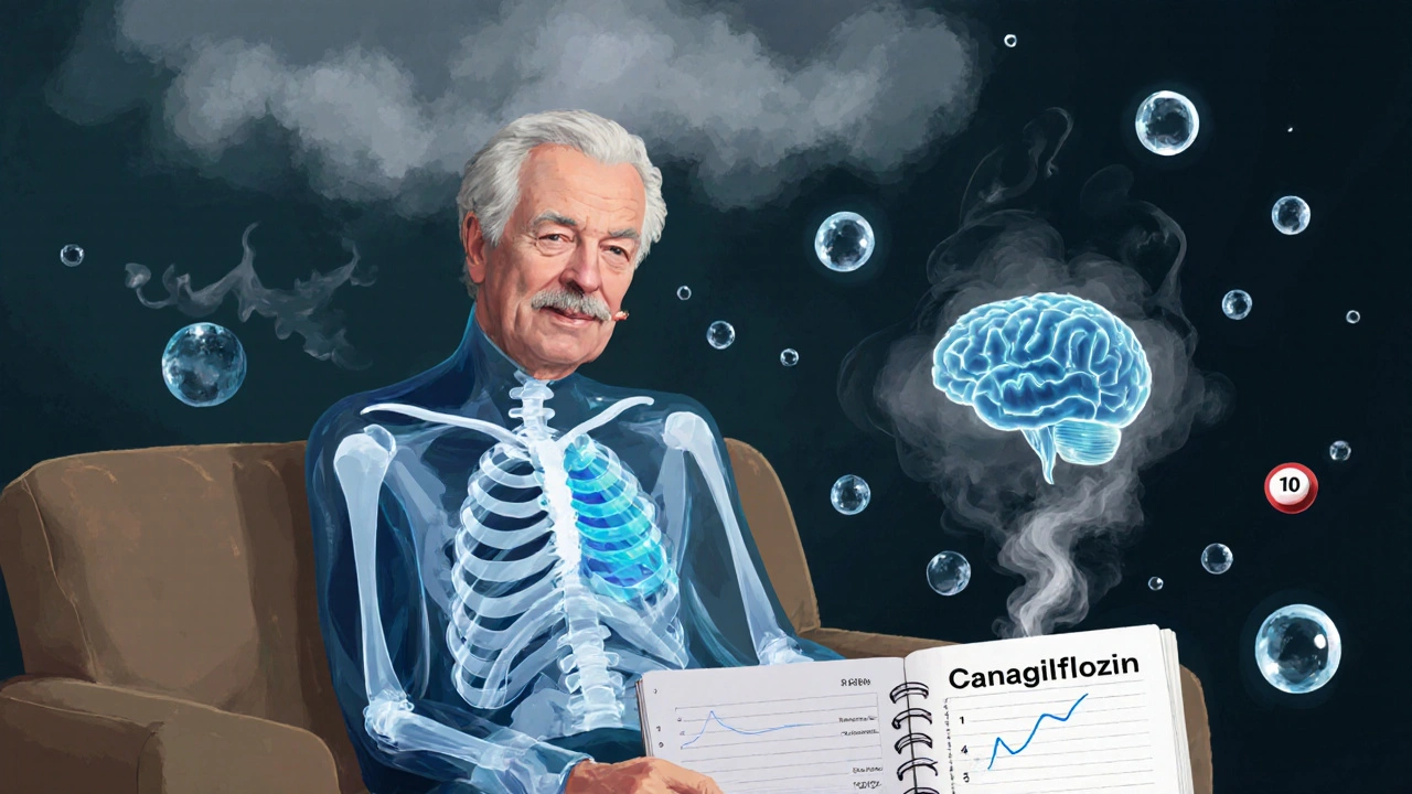 Transparent person on a couch, showing internal dehydration and foggy brain, with mood journal and pill nearby.