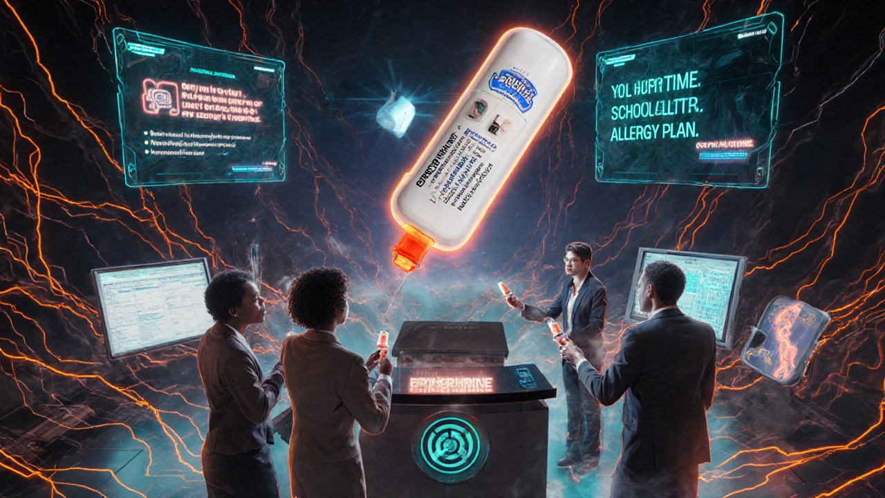 Voice-guided epinephrine device floating above a team practicing with injectors in a futuristic workplace.