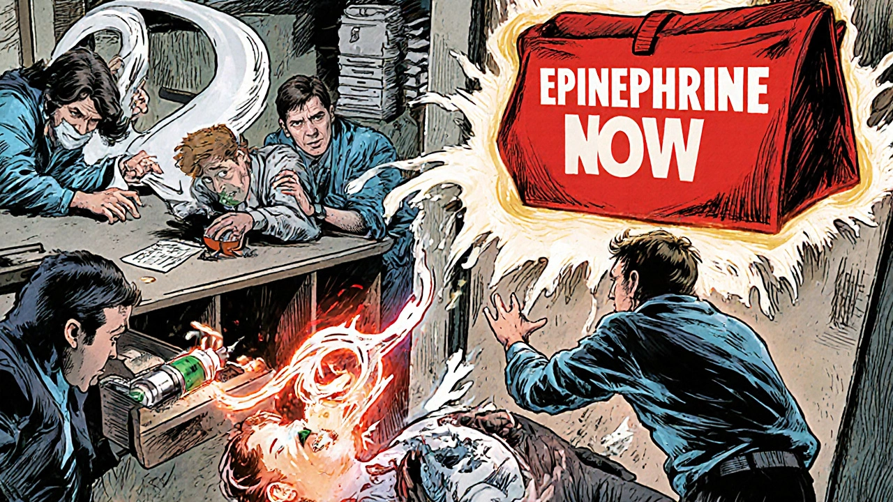 Worker collapsing in breakroom as coworkers reach for a clearly labeled epinephrine storage bag.