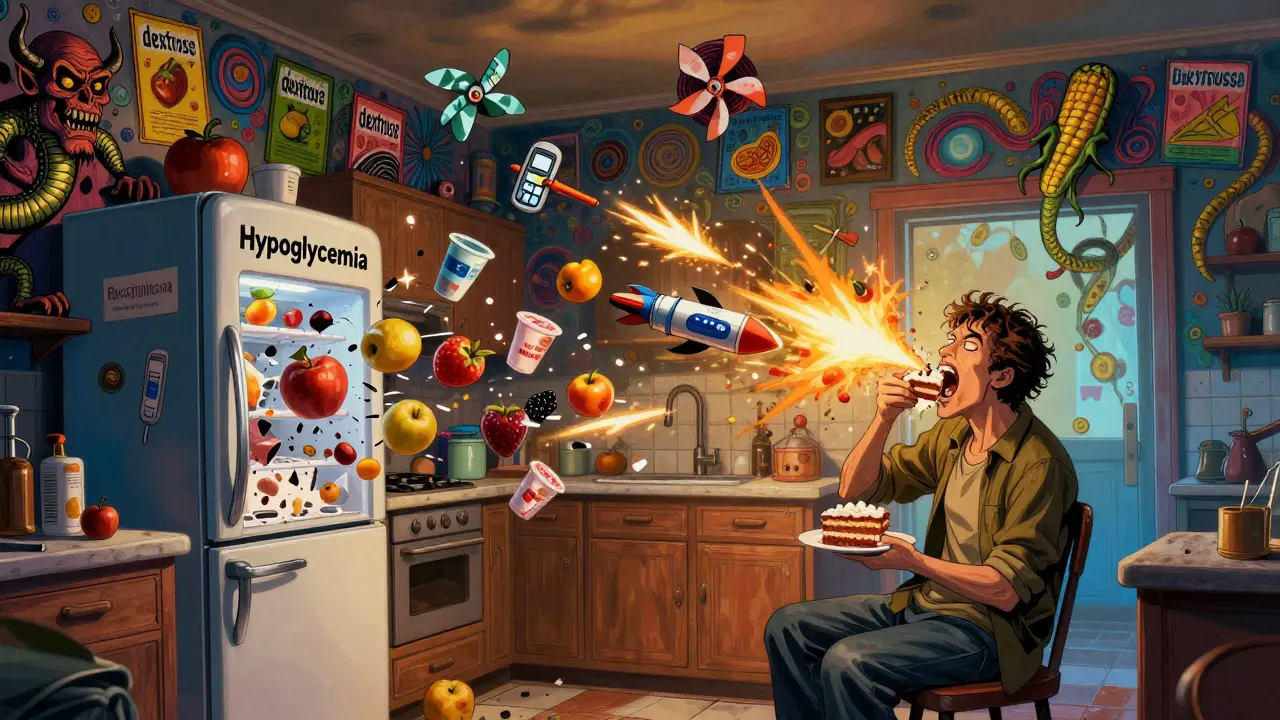 A chaotic kitchen scene with a cake exploding into insulin rockets, sugar demons on labels, and glucose meters spinning wildly in psychedelic detail.