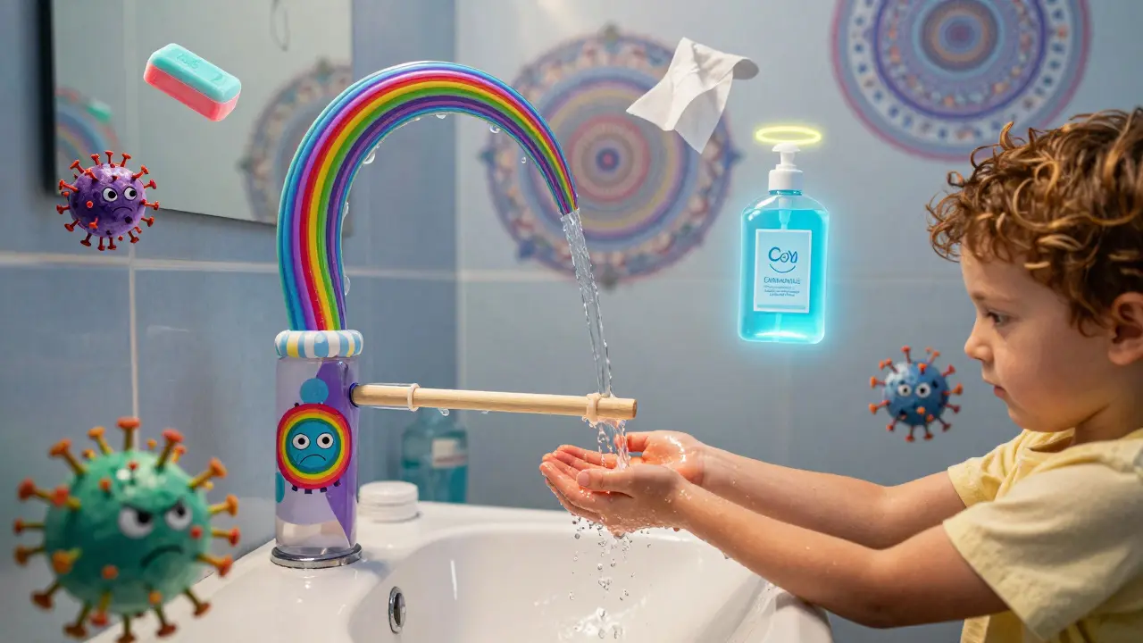 A child using a tippy tap handwashing station with cartoon viruses trying to cling to dirty hands.