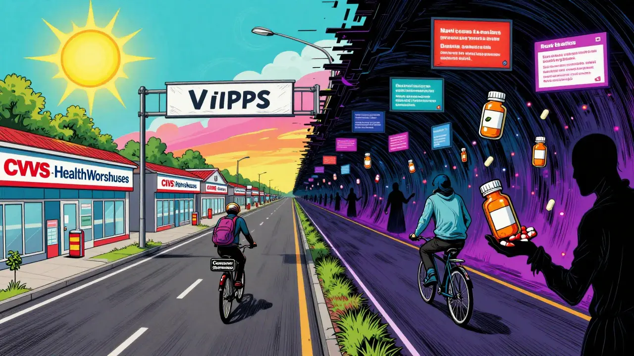 A digital highway splitting into safe and fake pharmacy routes, with a rider choosing the verified path under glowing NABP branding.