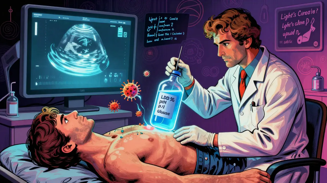 A doctor draining pleural fluid with ultrasound guidance, glowing medical data floating around in psychedelic illustration style.