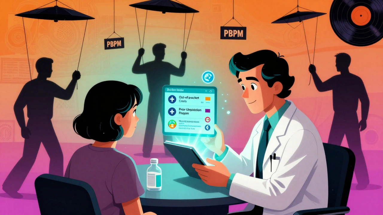 A doctor uses a tablet to show real-time drug costs to a patient during a consultation.