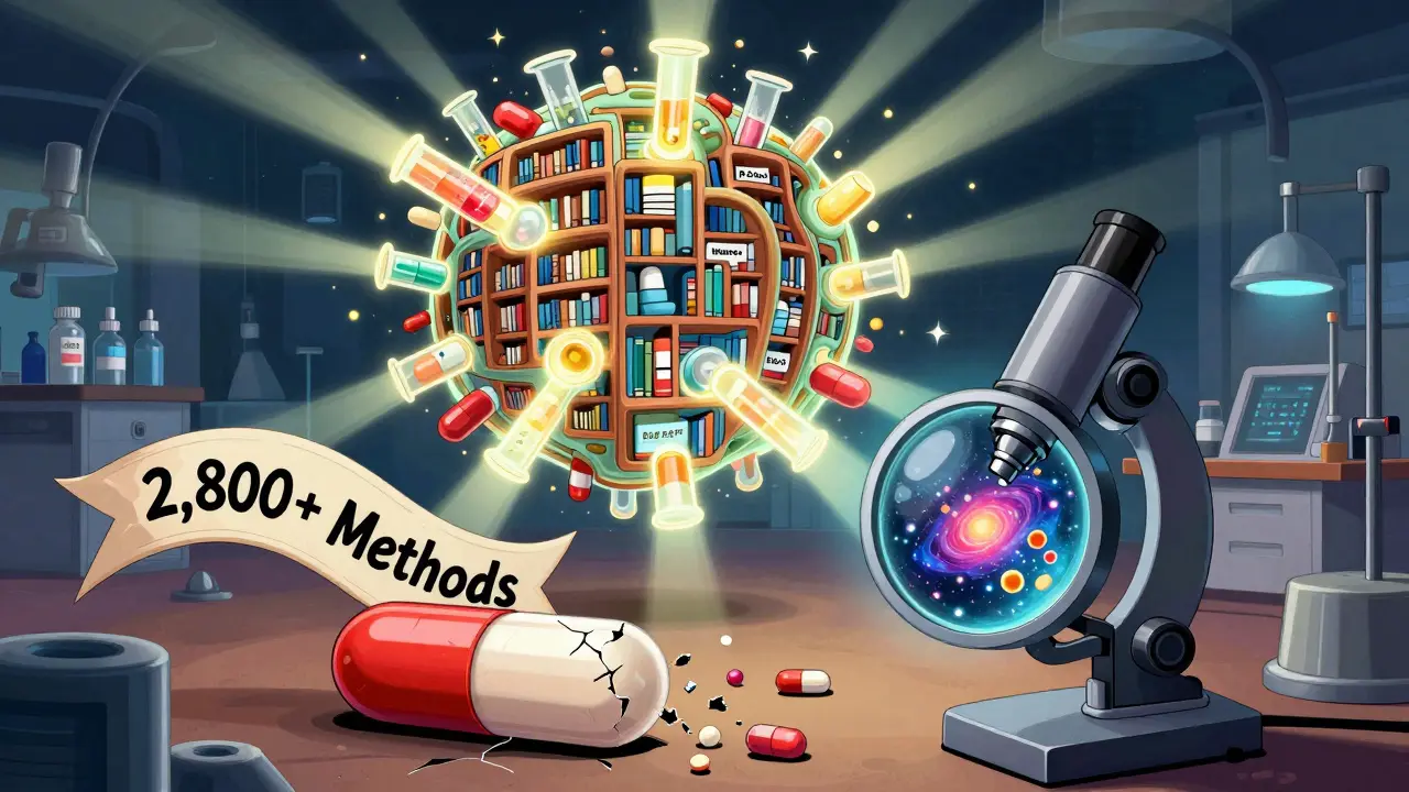 A floating library of drug dissolution methods made of pills and test tubes, with molecules forming galaxies.