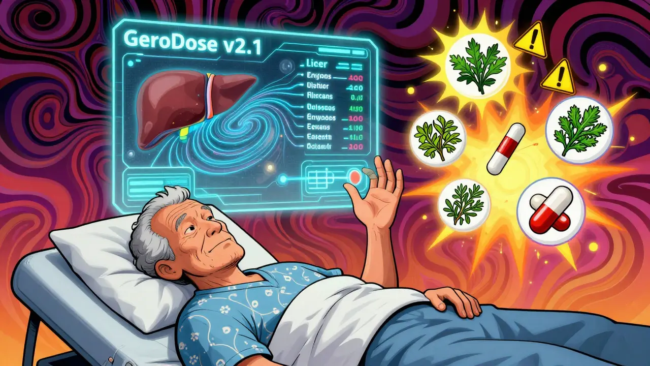 A futuristic medical interface analyzing drug metabolism in an older adult, with data streams and caution icons in psychedelic 1970s illustration style.