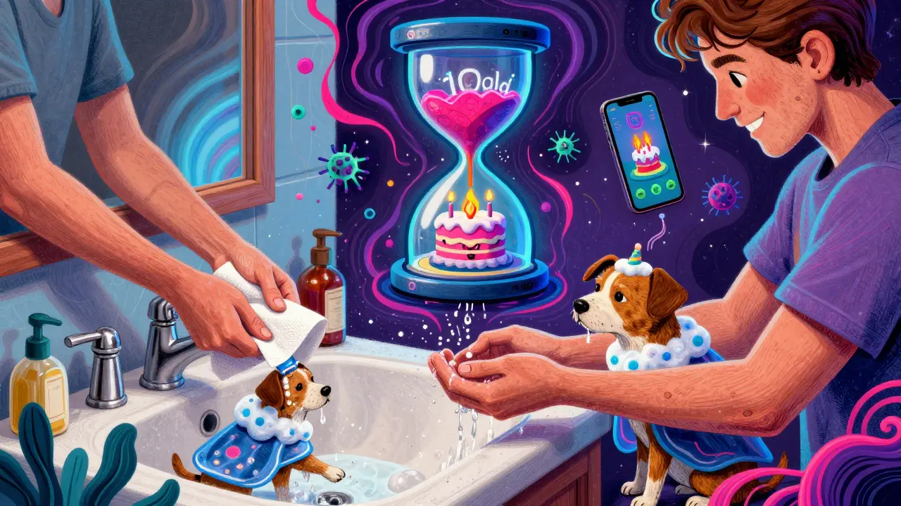 A household scene with handwashing rituals visualized as heroic acts, glowing timers, and dancing hygiene icons.