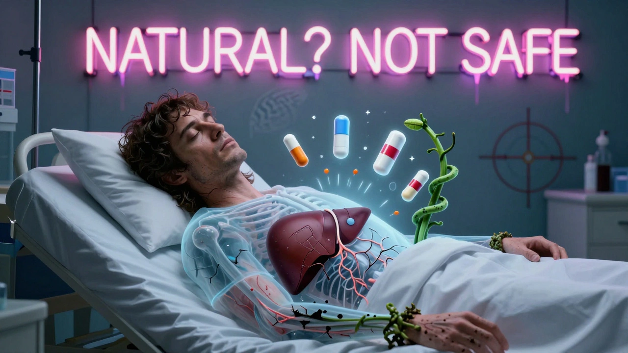 A patient&#039;s translucent body reveals a damaged liver invaded by medication icons and a toxic kava vine.