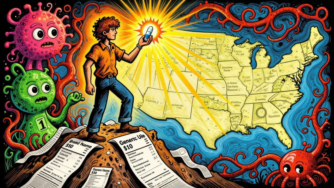 A patient on a mountain of receipts holding a shining generic pill, with insurance plans as evolving organisms below.