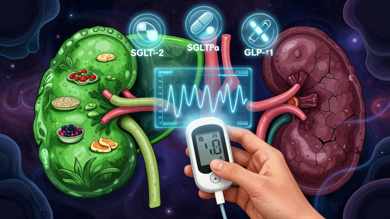 A patient with a CGM hologram showing blood sugar spikes and low-GI foods, while their liver and kidney transform into a surreal landscape of health vs. damage.