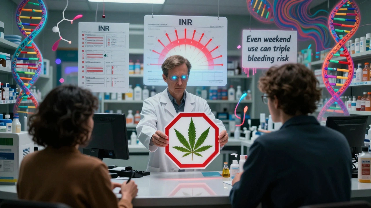 A pharmacist gives a warning sign shaped like cannabis crossed with a stop sign, INR meters spiking red.