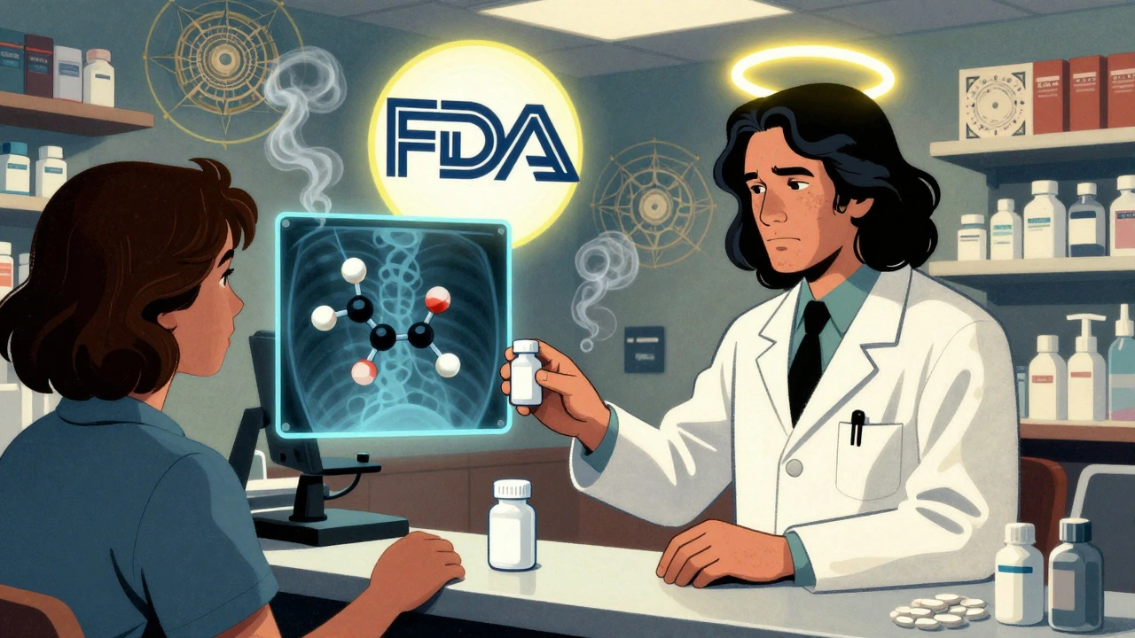 A pharmacist handing an unlabeled pill bottle while an FDA badge glows above, with molecular structures visible inside.